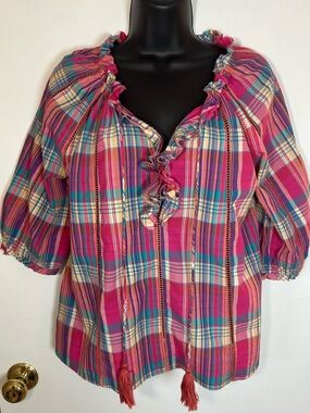 Sundance Pink Plaid Peasant Blouse Size XS
